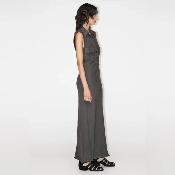 New ZARA LINEN SHIRTDRESS size XS S long Midi 100% linen Sleeveless V-neck dress - Picture 5 of 16